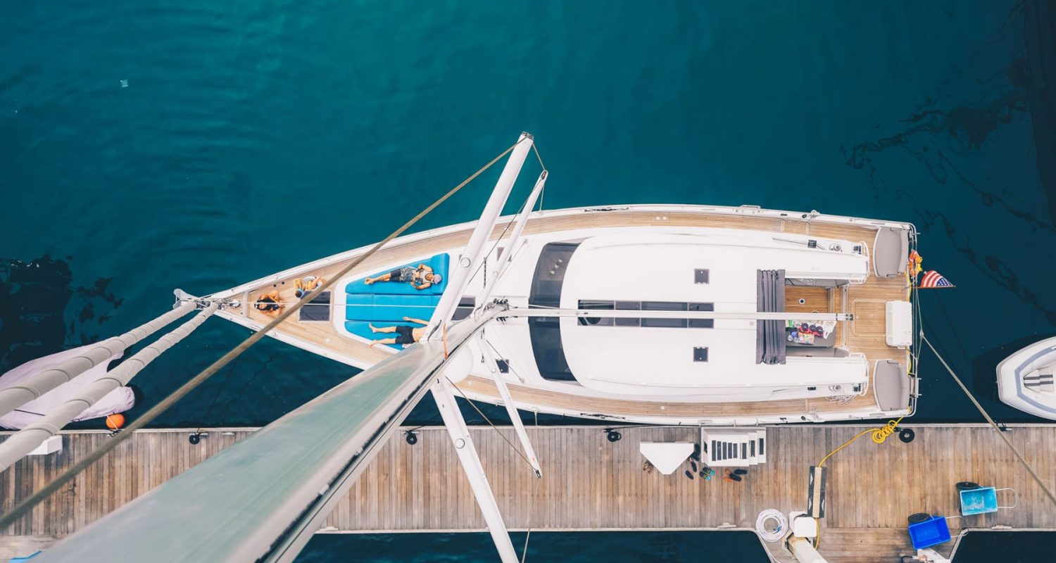 Overhead shot of a sailboat docked in San Diego bay